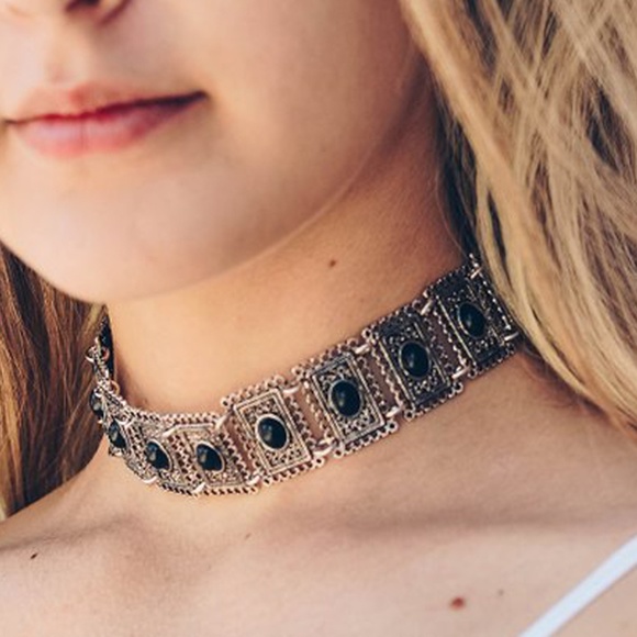 Black Silvertone Filigree Choker 